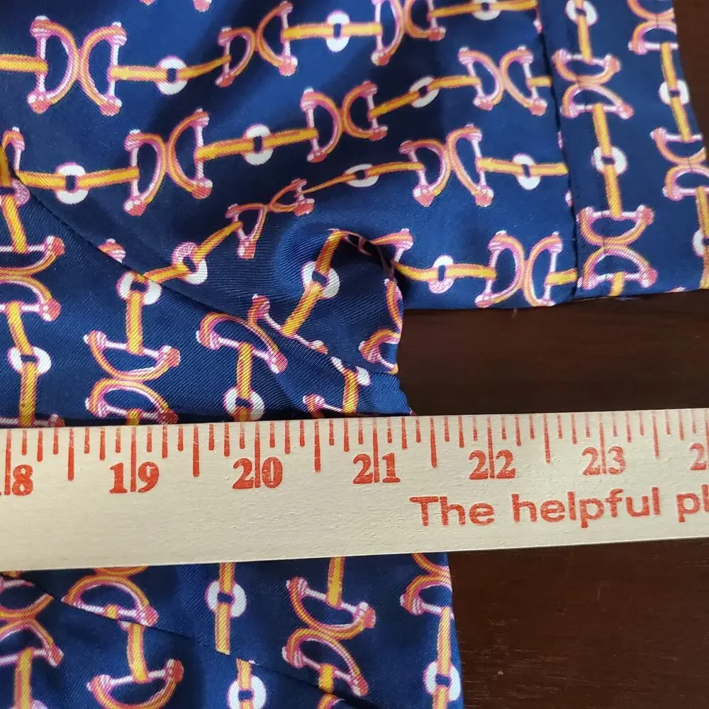 Lilly Pulitzer Lil Bit Equestrian Print Silk Ruffle Blouse Sz 14 Blue Pink Horse